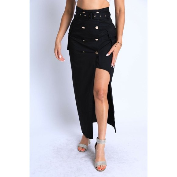 Women Asymmetric Self Belted Pockets Detailed Maxi Skirt Formal Casual - Picture 7 of 10